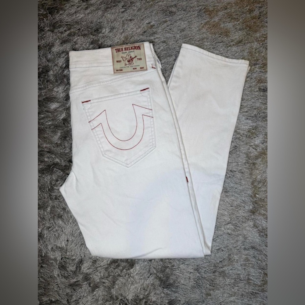 Men’s True Religion White Jeans with Red Stitch Detail